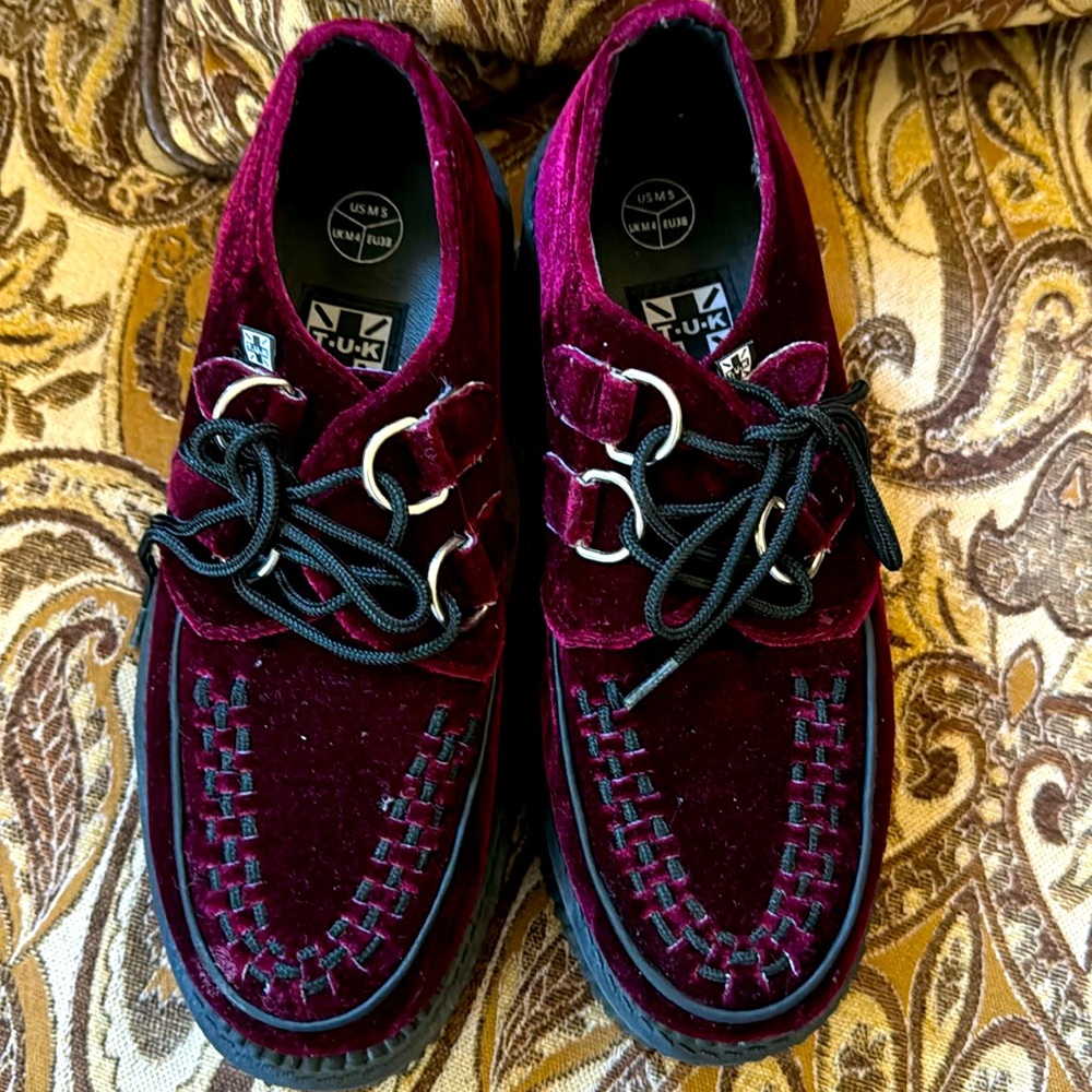 TUK burgundy velvet mondo creepers